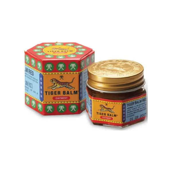 Red Tiger Balm jar with 19g label from Jag Couture London New York showing the distinctive packaging and branding.