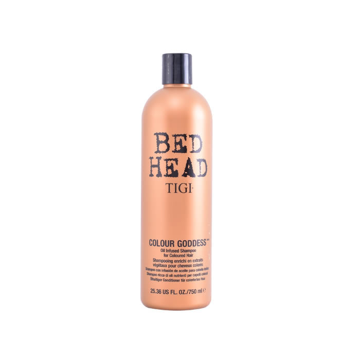 Tigi Bed Head Colour Goddess Oil-Infused Shampoo in 750ml bottle, featuring vibrant packaging and the product label.