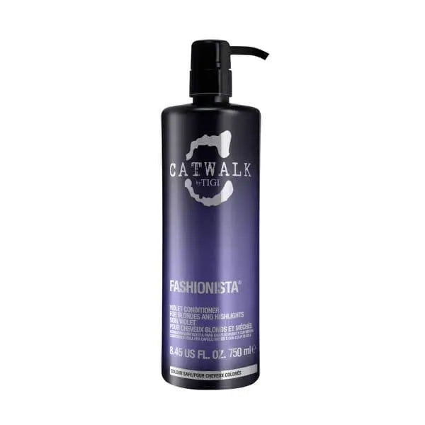 Tigi Catwalk Fashionista Violet Conditioner 750ml bottle, featuring vibrant purple packaging from Jag Couture London New York.
