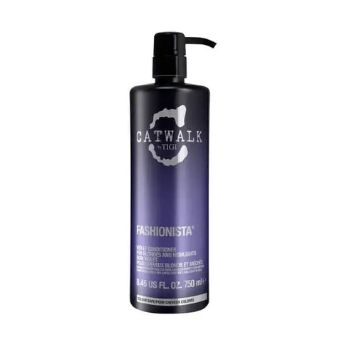 Tigi Catwalk Fashionista Violet Conditioner 750ml bottle, featuring vibrant purple packaging from Jag Couture London New York.