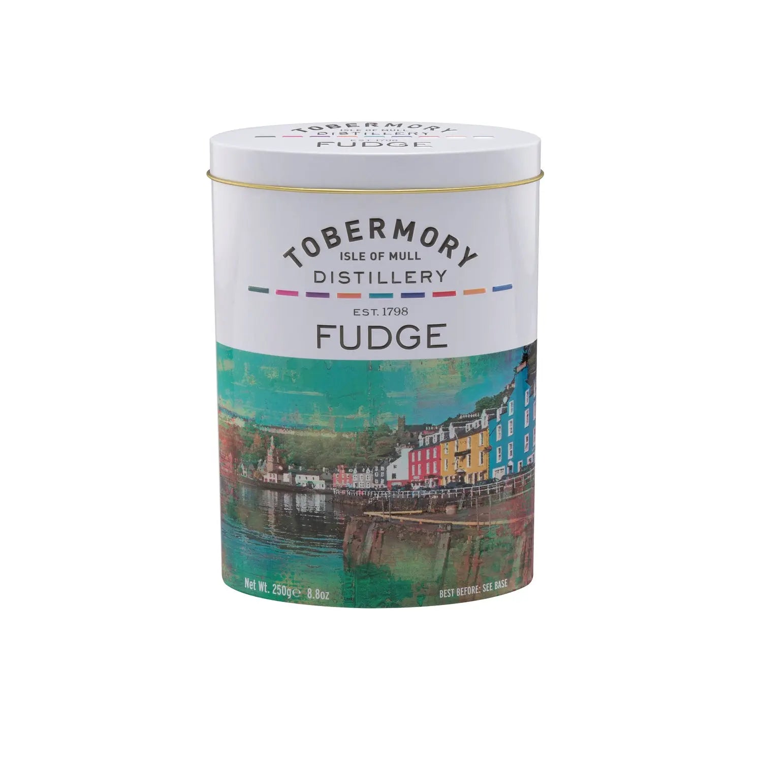 Tobermory flavoured fudge from Jag Couture London in an oval tin, showcasing creamy fudge pieces with Tobermory flavor.