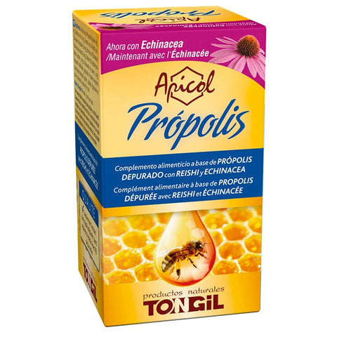 Tongil Apicol Propolis in 40 vegetarian capsules, natural supplement by Jag Couture London New York, with capsules and label visible.