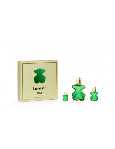 Jag Couture London-NY Tous Love Me Emerald Elixir Parfum 90ml bottle with elegant green packaging and floral design.