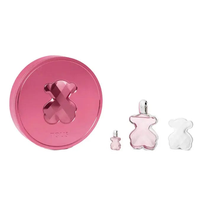 Set of three Tous Loveme Eau de Perfume spray bottles, 90ml each, by Jag Couture London and New York, with elegant perfume packaging.