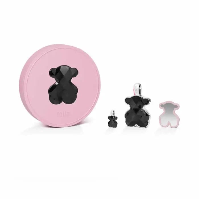 Set of three Tous Loveme The Onyx parfum spray bottles, 90ml each, featuring sleek black packaging and elegant design.