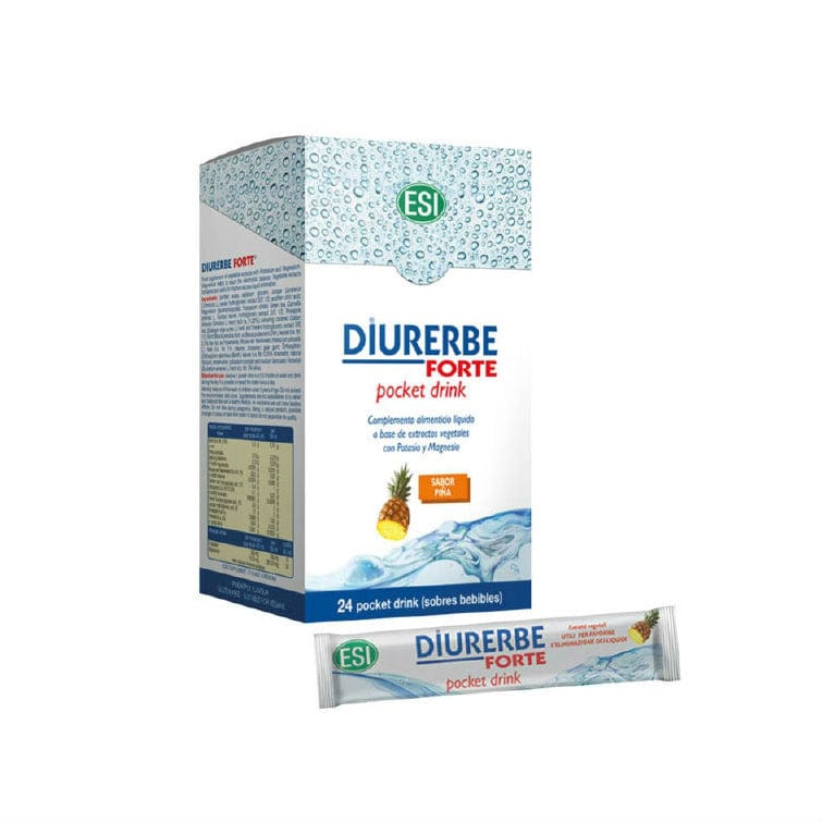 Trepatdiet Diurerbe Forte Piña in a box of 24 sachets, showing the pineapple-flavored diuretic drink sachets by Jag Couture London New York.