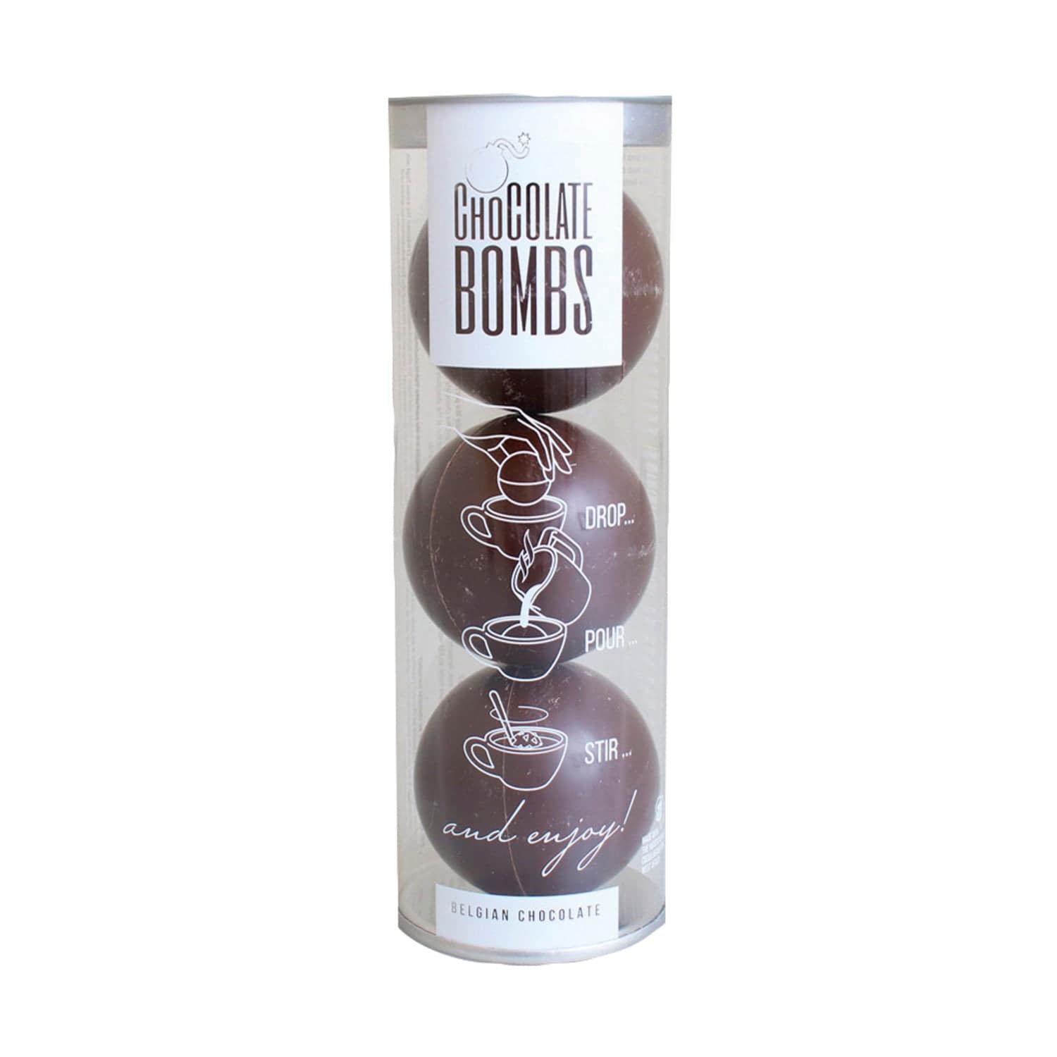 Three dark chocolate bombs with mini marshmallows in clear acetate tube by Jag Couture London New York, ready for gifting or indulgence.