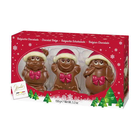 Three hollow milk chocolate Christmas figures in a window gift box by Jag Couture London New York, 3 x 50g assortment.
