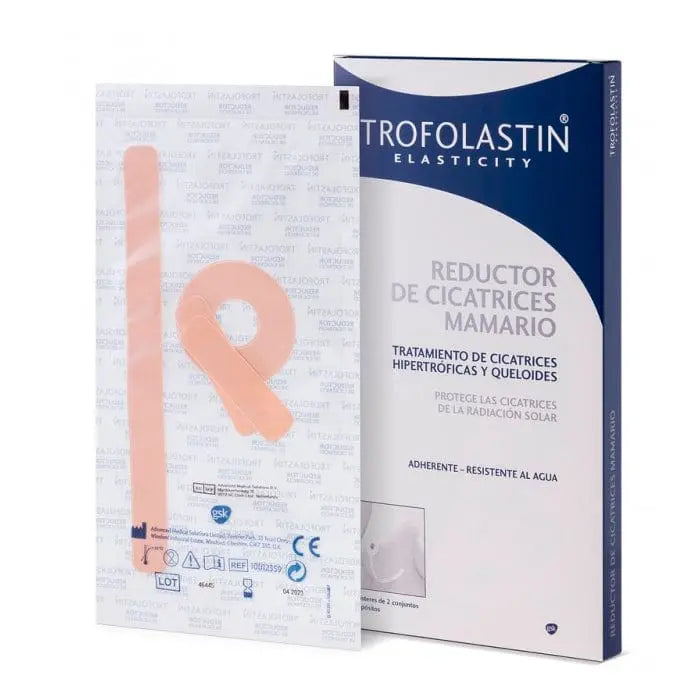 Trofolastin Breast Scar Reducer dressing sets by Jag Couture London and New York, shown in three blister packs of two dressings each.