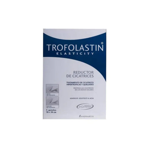 Set of five Trofolastin Elasticity Scar Reducer sheets, 10x14cm, designed to improve scar elasticity and appearance.