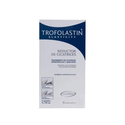Set of five Trofolastin Elasticity Scar Reducer sheets, 4x30cm, by Jag Couture London New York, designed for scar treatment.