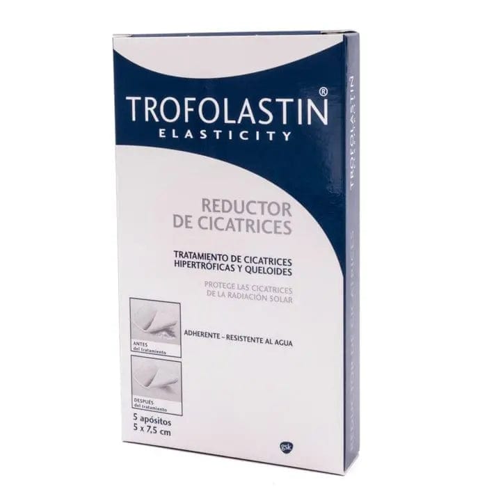 Set of five Trofolastin Elasticity Scar Reducer sheets from Jag Couture London, measuring 5x7.5cm for scar treatment and skin elasticity.