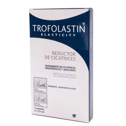 Set of five Trofolastin Elasticity Scar Reducer sheets from Jag Couture London, measuring 5x7.5cm for scar treatment and skin elasticity.