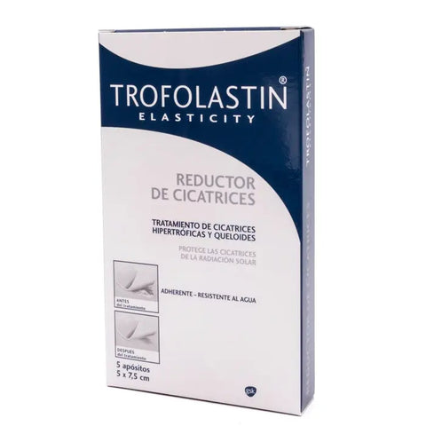 Trofolastin Elasticity Scar Reducer patches, 5x7.5cm, set of 5 units, designed to improve scar appearance and skin elasticity.