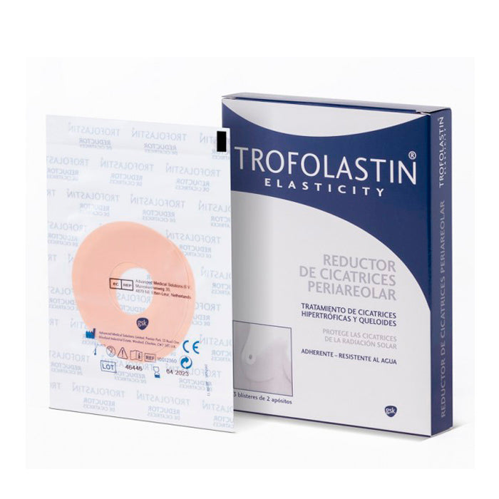 Trofolastin Scar Reducer Periareolar dressings by Jag Couture London, showing three blister packs of two dressings each.
