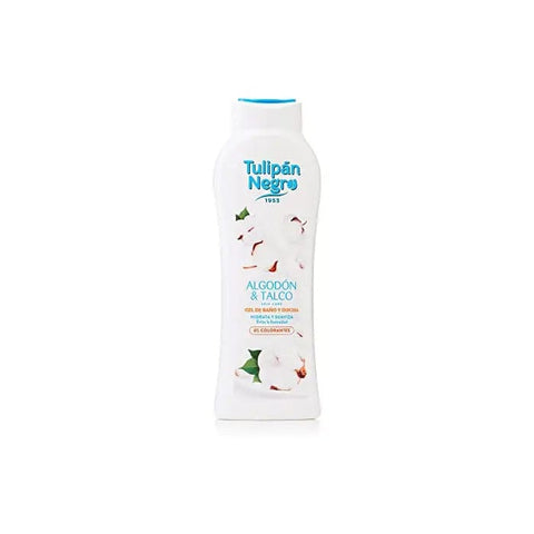 Jag Couture London Tulipán Negro Cotton Shower Gel 650ml bottle with black and white design, showcasing elegant packaging.