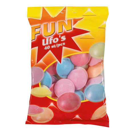 Bag of 40 UFO-shaped flying saucers filled with citric fruit sherbet from Jag Couture London - New York, colorful candy treats.