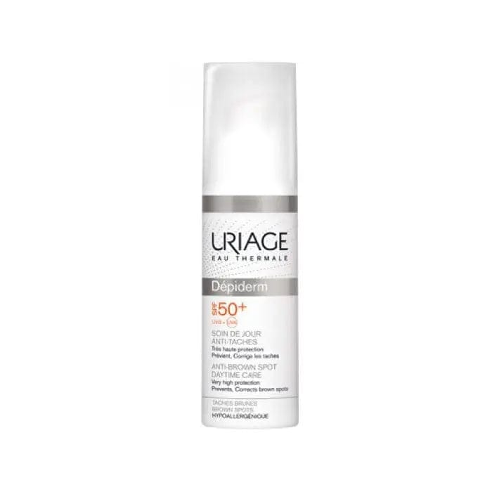 Uriage Dépiderm Anti Brown Spot Daytime Care SPF50+ in 30ml jar, skincare product for reducing dark spots and sun protection.