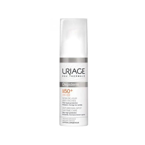 Uriage Dépiderm Anti Brown Spot Daytime Care SPF50+ in 30ml jar, skincare product for reducing dark spots and sun protection.