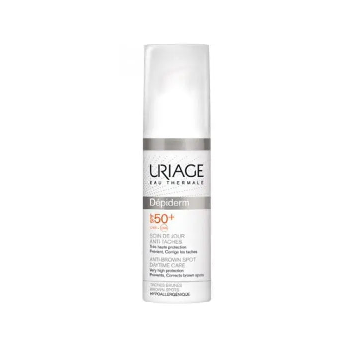 Uriage Dépiderm Anti-Brown Spot Daytime Care with SPF50+ in a 30ml tube, designed to reduce brown spots and protect skin.