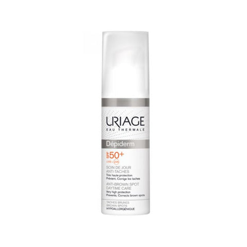 Uriage Dépiderm Anti-Brown Spot Daytime Care SPF50+ in 30ml jar, skincare product for reducing brown spots with sun protection.