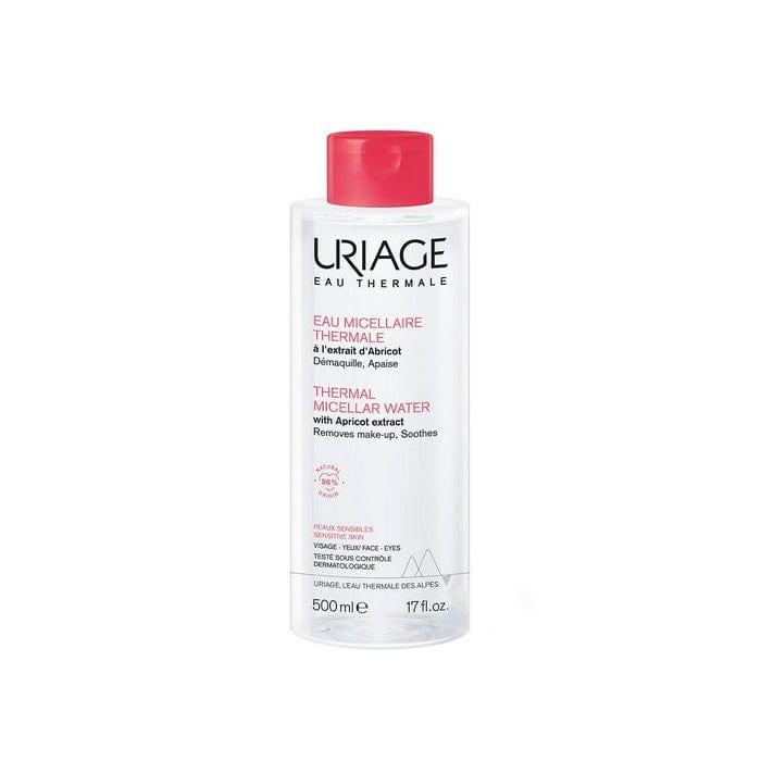 Uriage Eau Micellaire PNS 500ml bottle, gentle facial cleansing water with soothing ingredients.
