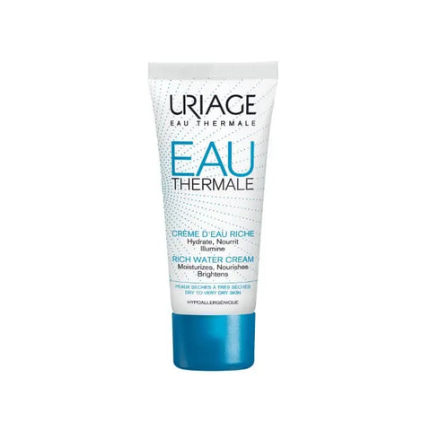 Uriage Eau Thermale Rich Water Cream in 40ml jar, hydrating skincare product with a smooth, creamy texture and white packaging