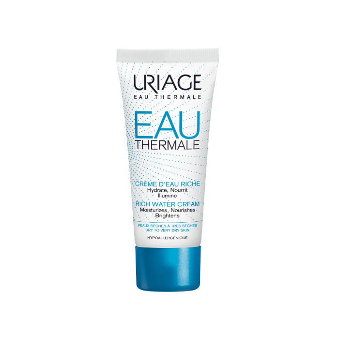 Uriage Eau Thermale Rich Water Cream 40ml jar, hydrating skincare product with a white and blue container, on a neutral background.