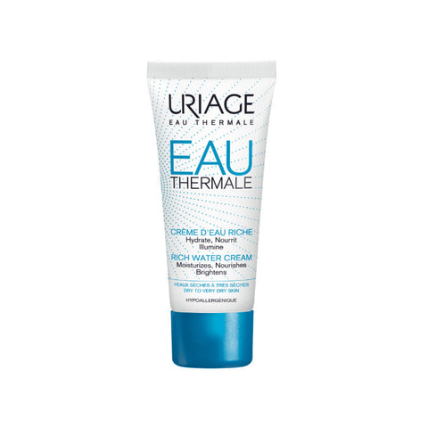 Uriage Eau Thermale Rich Water Cream 40ml jar, hydrating skincare product with a white and blue container, on a neutral background.