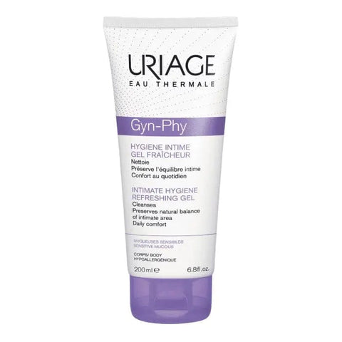 Uriage Gyn-Phy Intimate Hygiene Refreshing Gel in 200ml bottle, featuring gentle, pH-balanced formula for feminine freshness.