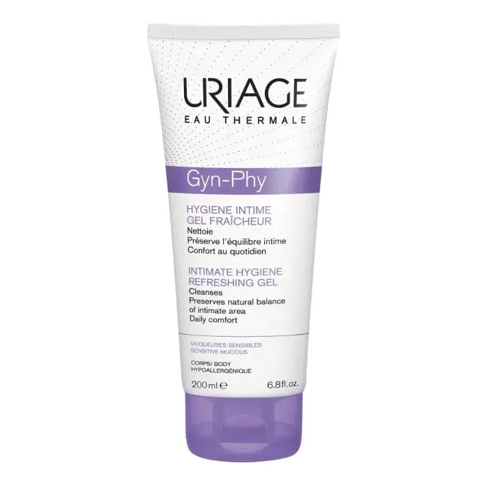Uriage Gyn-Phy Intimate Hygiene Refreshing Gel in 200ml bottle, shown with the product label and packaging.