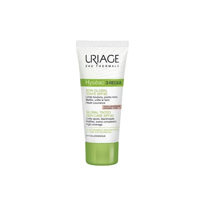Uriage Hyséac 3-Regul tinted skin care SPF30 in universal tone, 40ml tube, designed for oily and acne-prone skin.