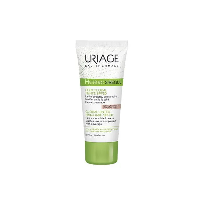 Uriage Hyséac 3-Regul tinted skin care SPF30 tube, 40ml, with universal tone for oily and acne-prone skin.