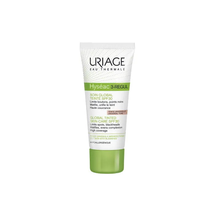 Uriage Hyséac 3-Regul tinted skin care SPF30 in universal tone, 40ml, with a pump dispenser and beige-colored formula.