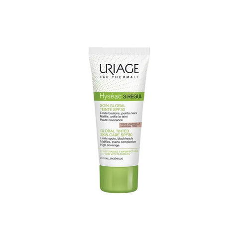 Uriage Hyséac 3-Regul tinted skin care SPF30 in universal tone, 40ml, with a pump dispenser and beige-colored formula.