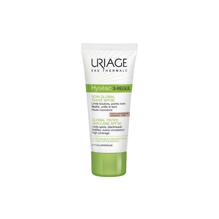Uriage Hyséac 3-Regul tinted skin care SPF30 by Jag Couture London, 40ml, showing the tube with universal tone.