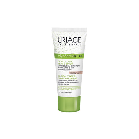 Uriage Hyséac 3-Regul tinted skin care SPF30 by Jag Couture London, 40ml, showing the tube with universal tone.