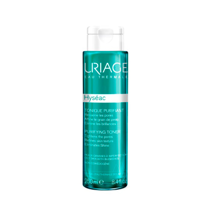 Uriage Hyséac Purifying Tonic 250ml bottle with clear liquid, designed for oily and acne-prone skin.