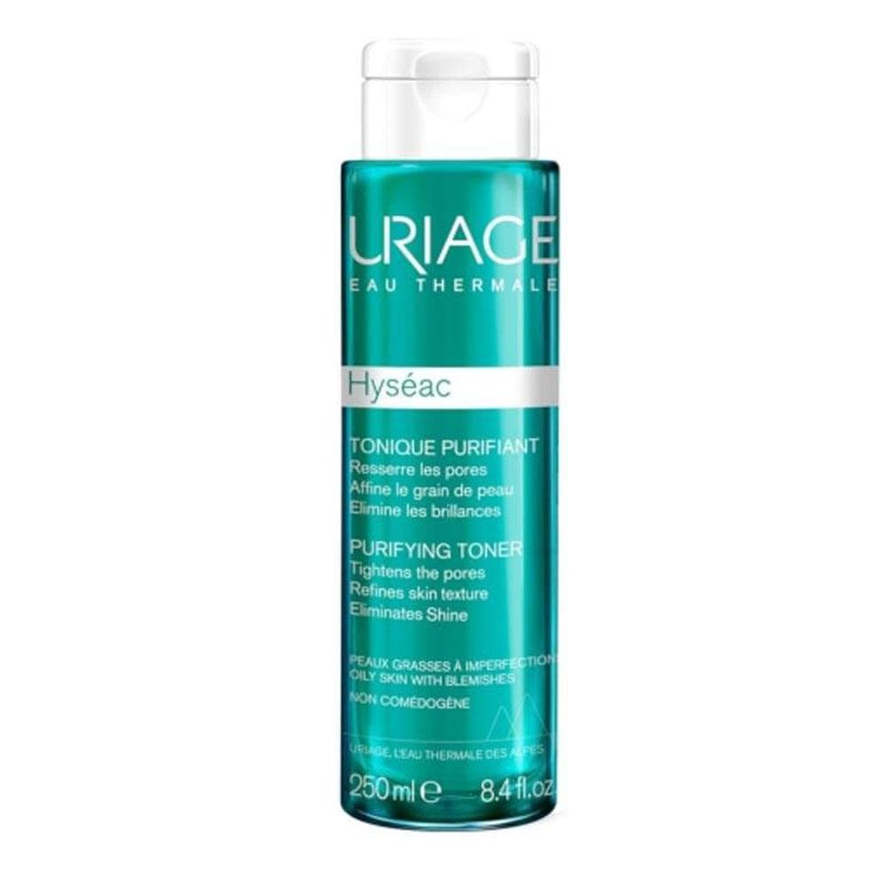 Uriage Hyseac Purifying Tonic for acneic and oily skin, 250ml, with clear liquid in a transparent bottle.