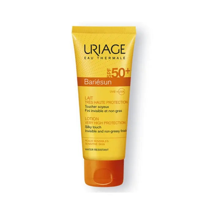Uriage SPF50+ Extra Fluid Milk 100ml in a white bottle with a pump, designed for sun protection and skin hydration.