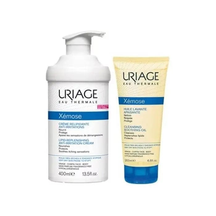 Two 500ml bottles of Uriage Xémose Lipo Replenishing Anti-Irritation Cream by Jag Couture London displayed side by side.