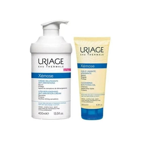 Two 500ml bottles of Uriage Xémose Lipo Replenishing Anti-Irritation Cream by Jag Couture London displayed side by side.