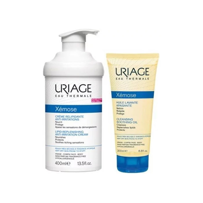 Set of two Uriage Xémose Lipo Replenishing Anti-Irritation Cream 500ml bottles, suitable for sensitive skin care, by Jag Couture London.