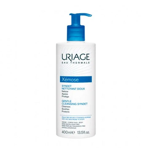Uriage Xemose Syndet 400ml gentle cleansing gel in a white bottle with a pump, suitable for sensitive skin.