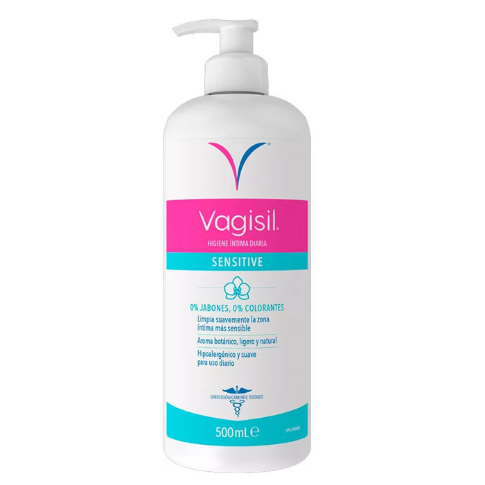 Vagisil Sensitive Intimate Gel 500 ml bottle, designed for feminine comfort, with a clear label and pump dispenser.