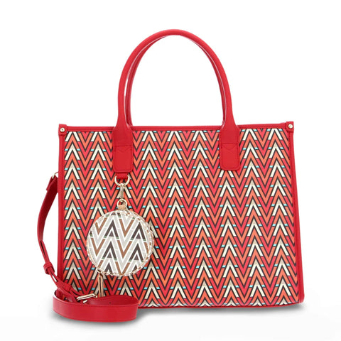 Valentino by Mario Valentino Tonic VBS69901 in red and multi-color, stylish leather handbag with gold accents.