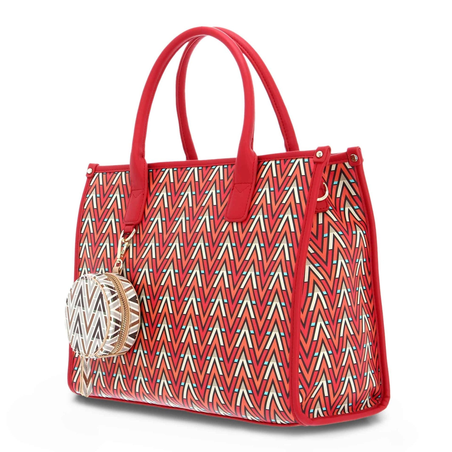 Valentino by Mario Valentino Tonic handbag in red and multi-color design, featuring sleek leather and modern style, on a white background.