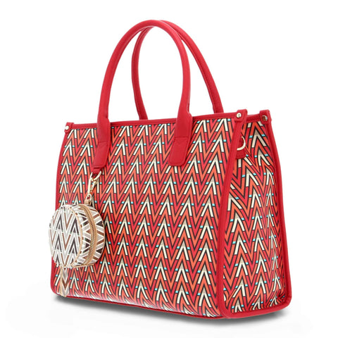 Valentino by Mario Valentino Tonic handbag in red and multi-color design, featuring sleek leather and modern style, on a white background.