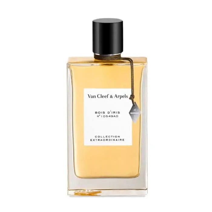 Van Cleef & Arpels Bois D'Iris perfume spray 75ml, elegant bottle with floral design, on a neutral background.