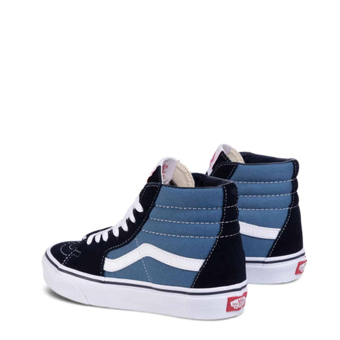 Vans SK8-HI high-top sneakers in black and white leather with classic skateboarding style, by Jag Couture London - New York.